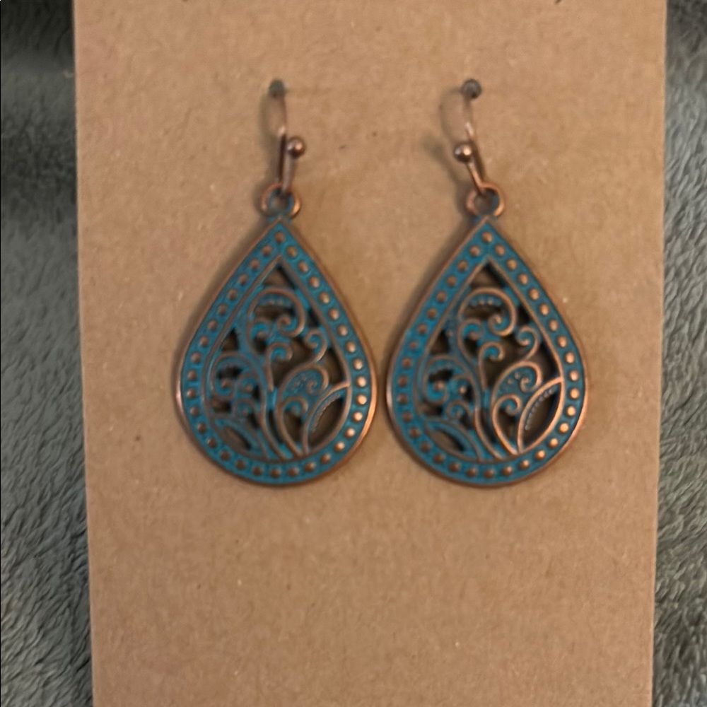 Blue and Brown Teardrop Earrings with Floral Design